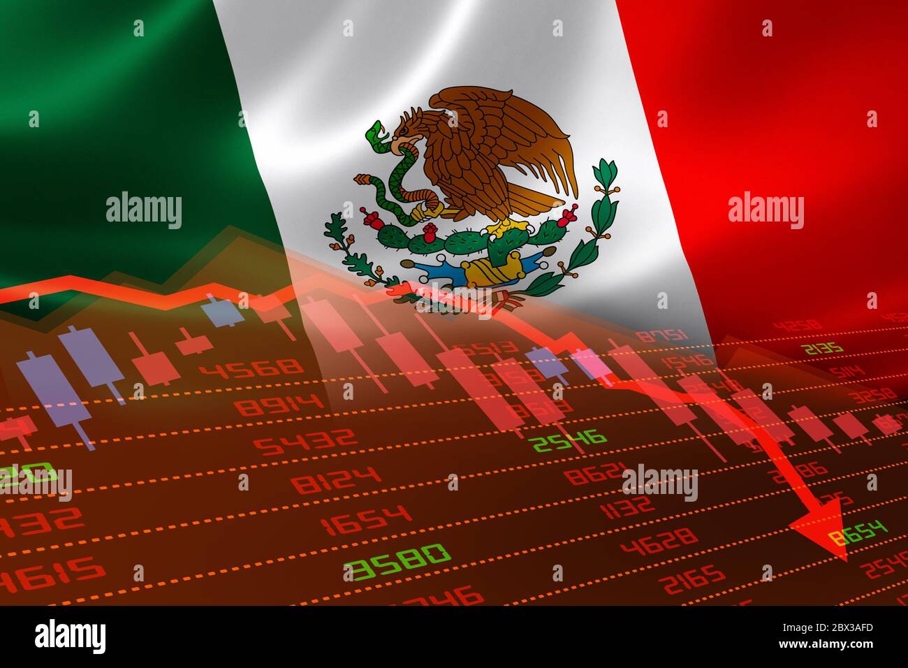 Mexico economic downturn with stock exchange market showing stock chart down and in red negative territory. Business and financial money market crisis Stock Photo