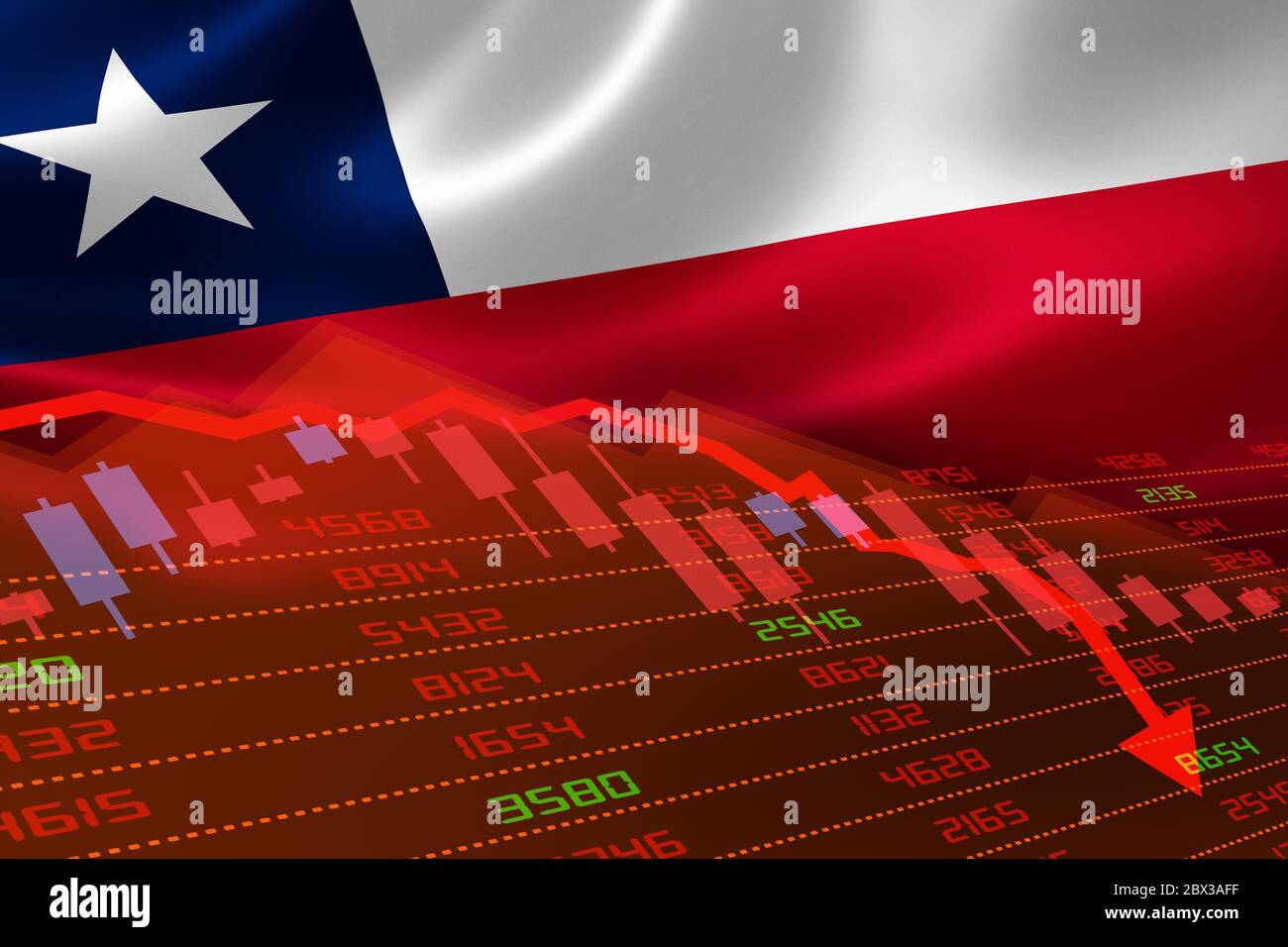 Chile economic downturn with stock exchange market showing stock chart down and in red negative territory. Business and financial money market crisis Stock Photo