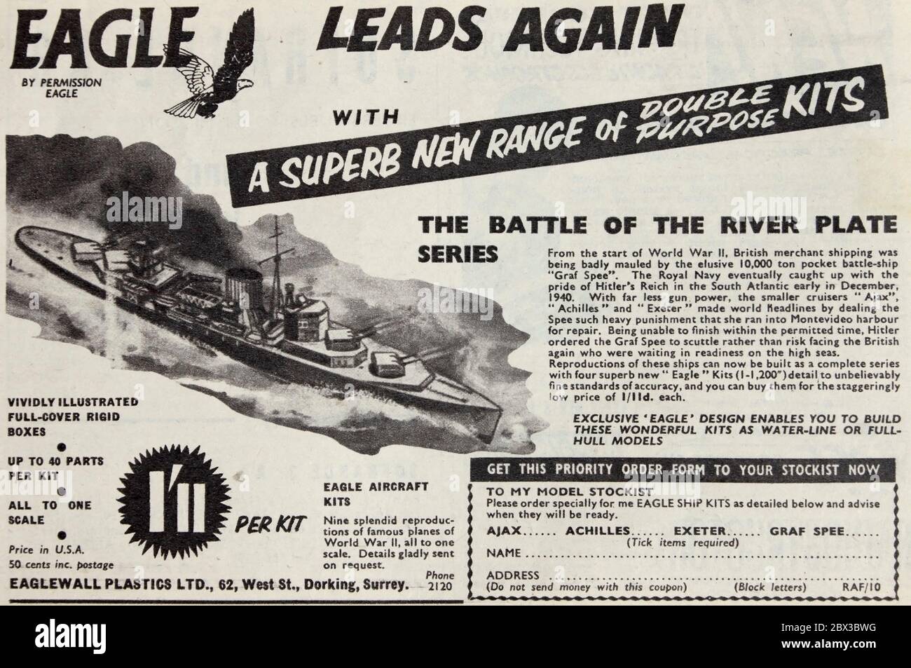 Vintage advertisement for Eaglewall plastic model kits. Stock Photo
