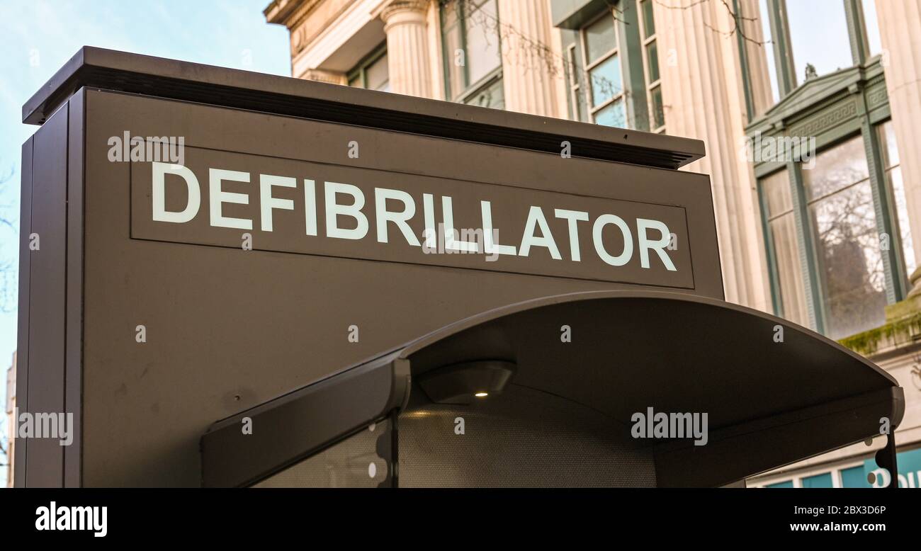CARDIFF, WALES - JANUARY 2020: Sign showing the location of a defibrillator in Cardiff city centre Stock Photo