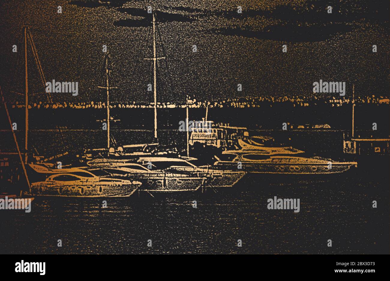 Berth for yachts and boats in the seaport. The ocean yachts is securely moored at the pier of the passenger terminal of the port. Vintage hand drawn v Stock Vector
