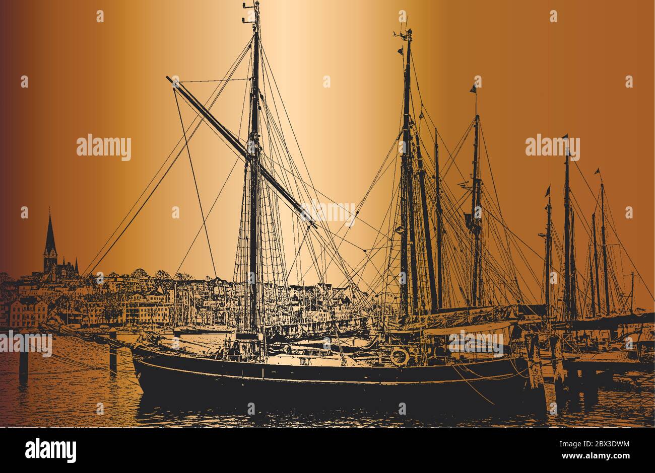 Berth for yachts and boats in the seaport. The ocean yachts is securely moored at the pier of the passenger terminal of the port. Vintage hand drawn v Stock Vector