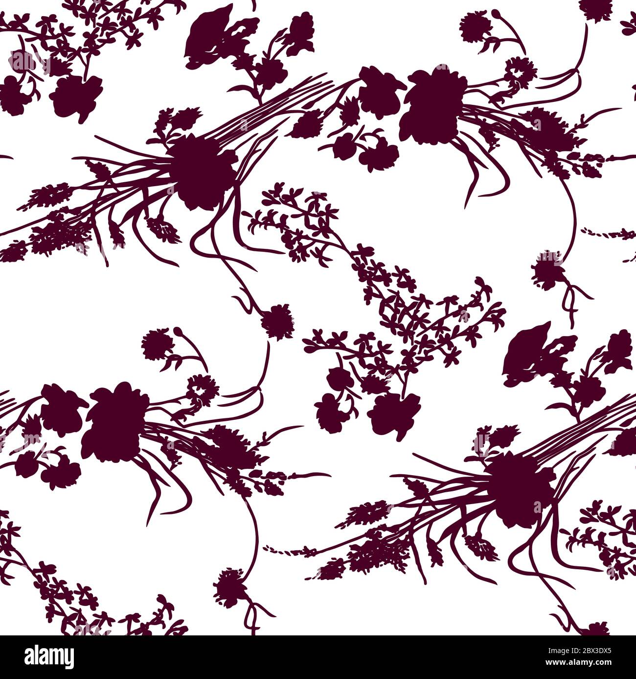 Floral seamless pattern with different flowers and leaves. Black and ...
