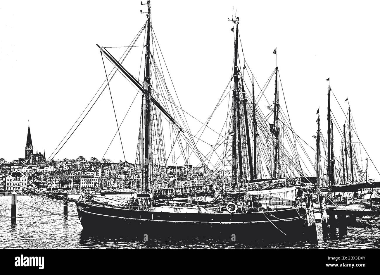 Berth for yachts and boats in the seaport. The ocean yachts is securely moored at the pier of the passenger terminal of the port. Vintage hand drawn v Stock Vector