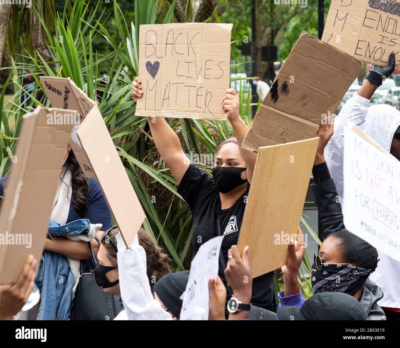 A group of protesters holding up cardboard signs at the Black Lives Matters protest in London, 3 June 2020 Stock Photo