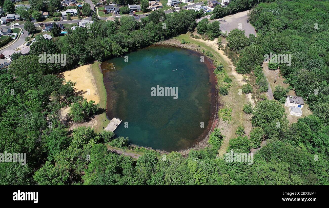 Aerial view of Bailey’s Pond in it’s suburban setting of Sayreville