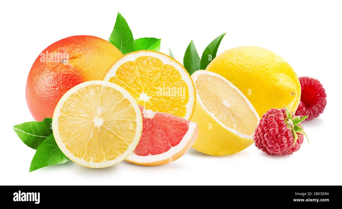 citrus mix with raspberries isolated on a white background Stock Photo ...
