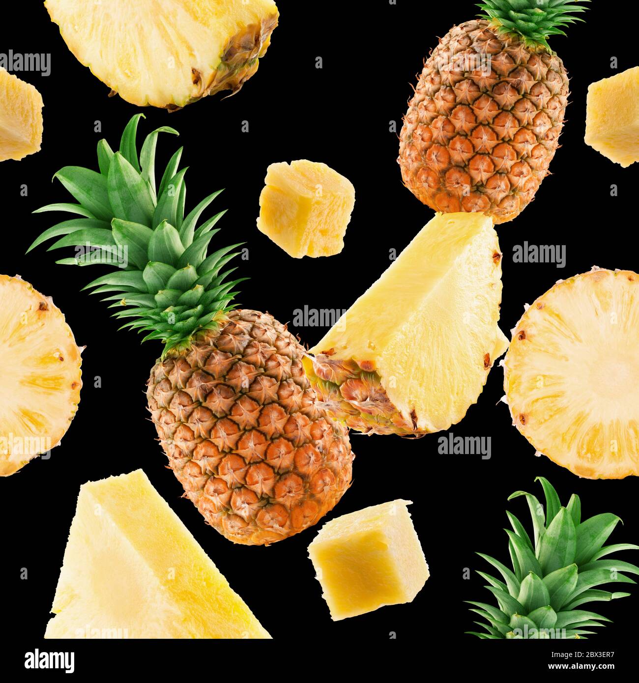 seamless pattern with pineapple and pineapple slices on a black background. Stock Photo