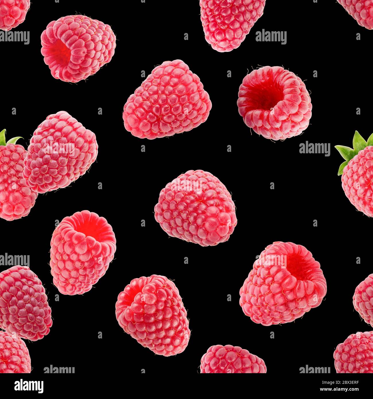 seamless pattern with raspberries on a black background. Stock Photo
