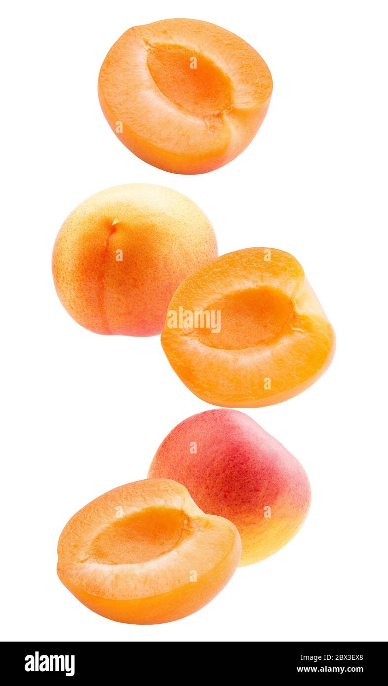 falling apricot slices isolated on a white background. Stock Photo