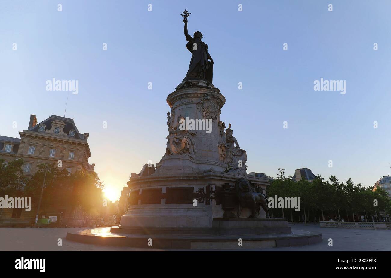 Monument to the republic, bronze statue of Marianne, a personification of the French republic at the Place de Republique in Paris, France Stock Photo