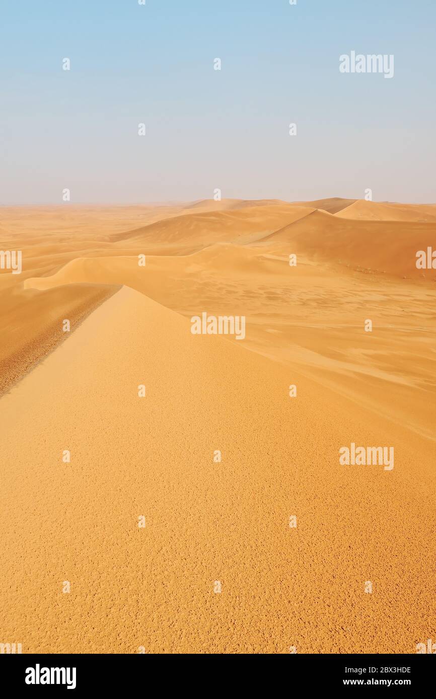 Portrait shot of bright orange desert landscape sand dunes in Al Dahna ...