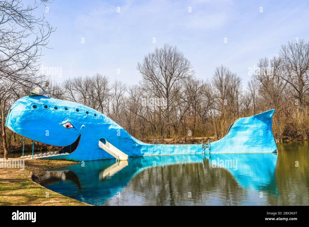 11-14-2018 Catoosa USA - Iconic Blue Whale vintage public tourist attraction along old Highway - Route 66 near Catoosa Oklahoma.jpg Stock Photo