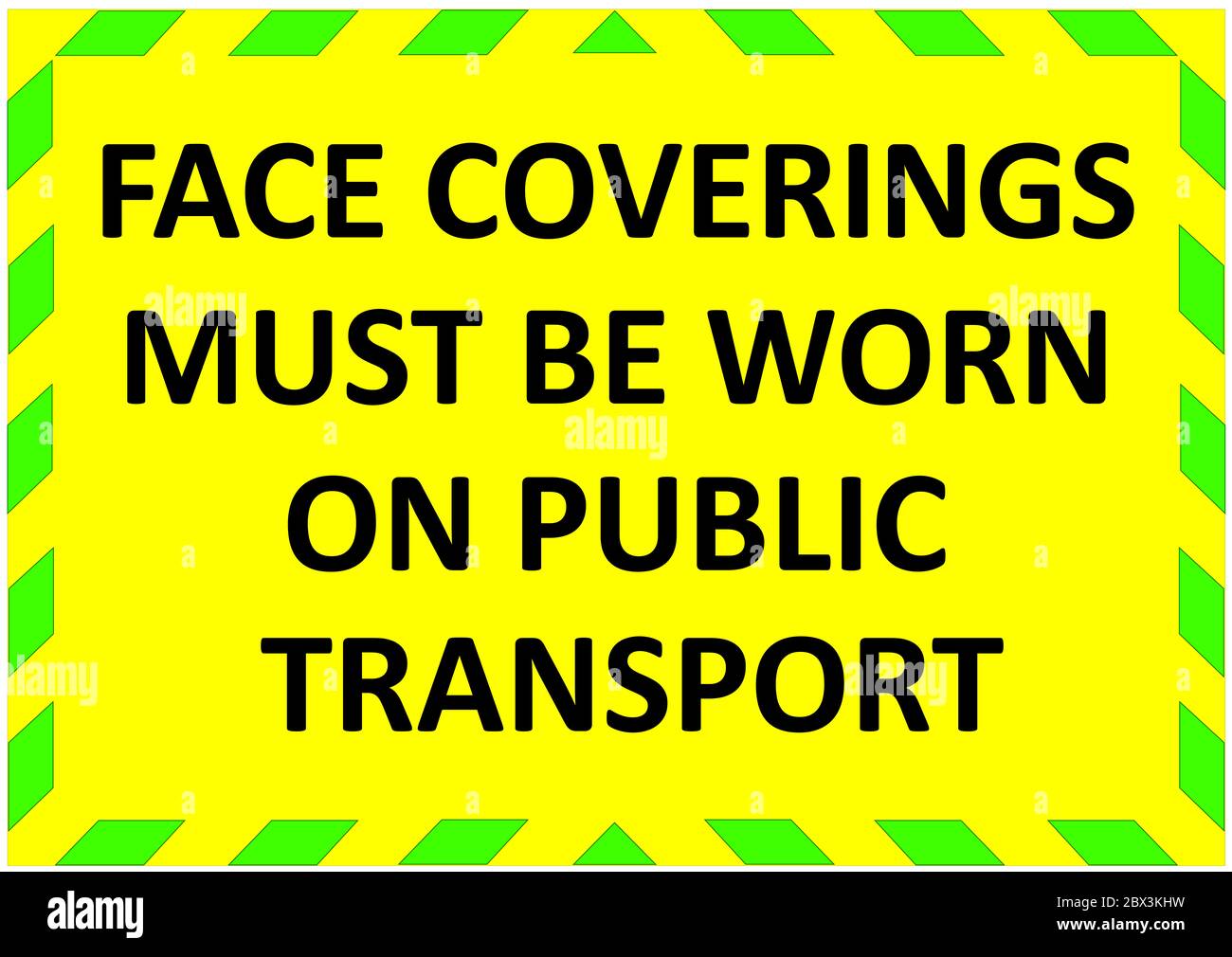 FACE COVERINGS MUST BE WORN ON PUBLIC TRANSPORT warning sign. Green quarantine sign that help to battle against Covid-19 in the United Kingdom. Vector Stock Photo