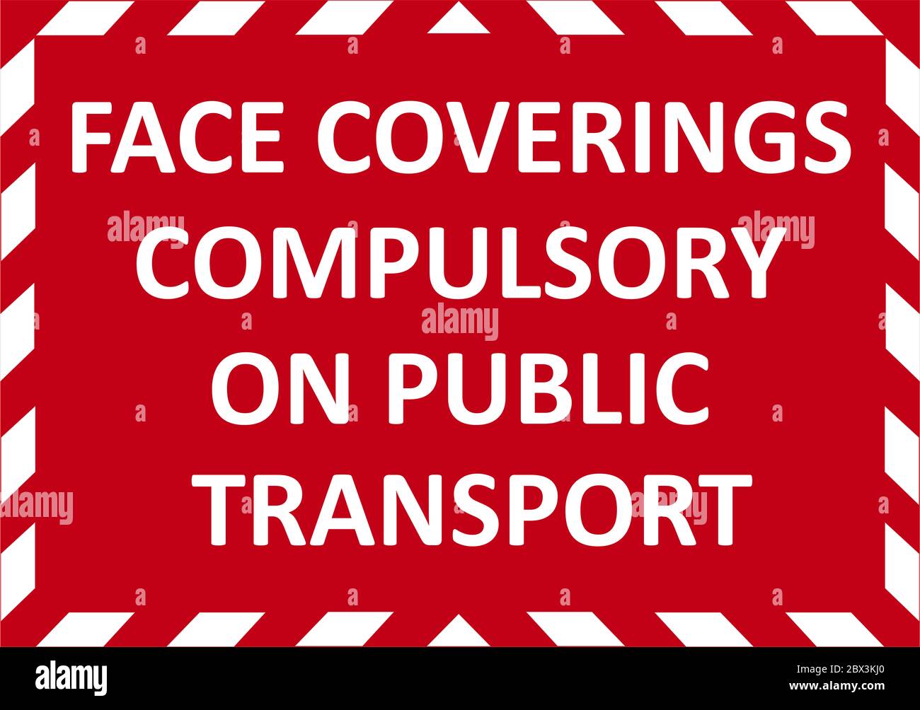 FACE COVERINGS COMPULSORY ON PUBLIC TRANSPORT warning sign. Red quarantine sign that help to battle against Covid-19 in the United Kingdom. Illustrati Stock Photo
