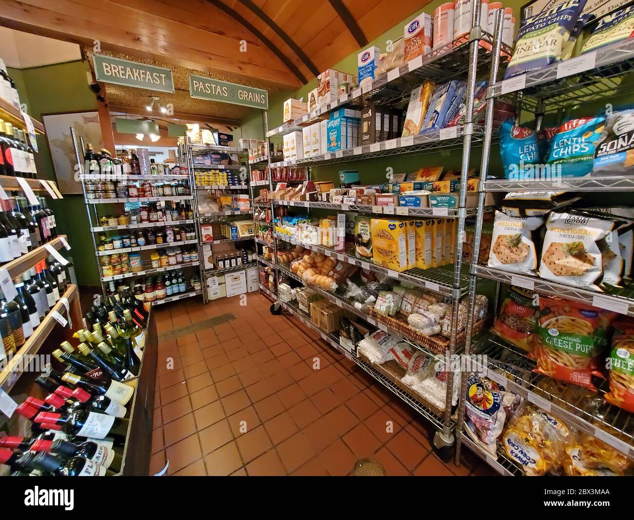 Products are on display at Tutu's in Lafayette, California, a restaurant which has adopted a general store model selling groceries and supplies during an outbreak of COVID-19 coronavirus, April 14, 2020. () Stock Photo
