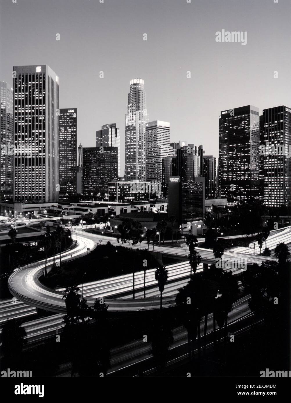 Black and white aerial view of downtown L.A. skyline. Stock Photo