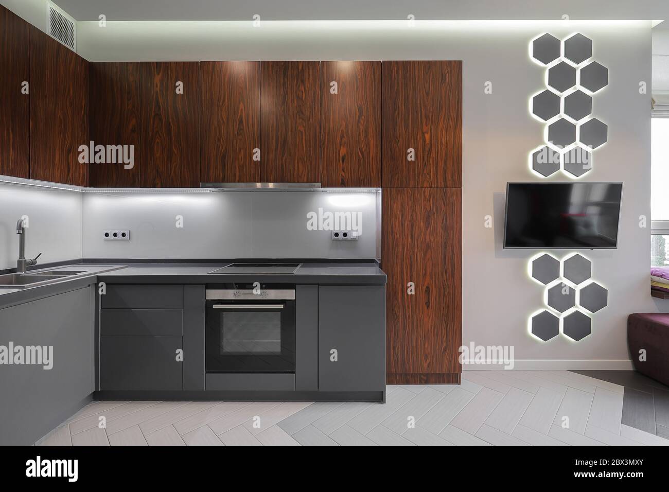 Interior Of A Modern Kitchen Grey And Wooden Color Stock Photo Alamy
