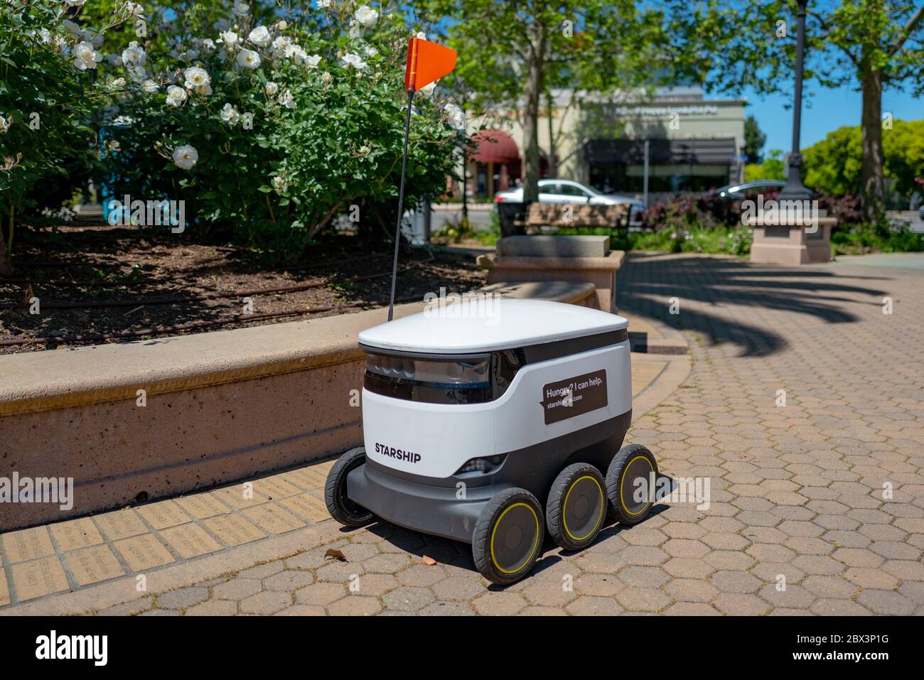Starship food delivery robot in the Silicon Valley, Mountain View, California, April 24, 2020. () Stock Photo