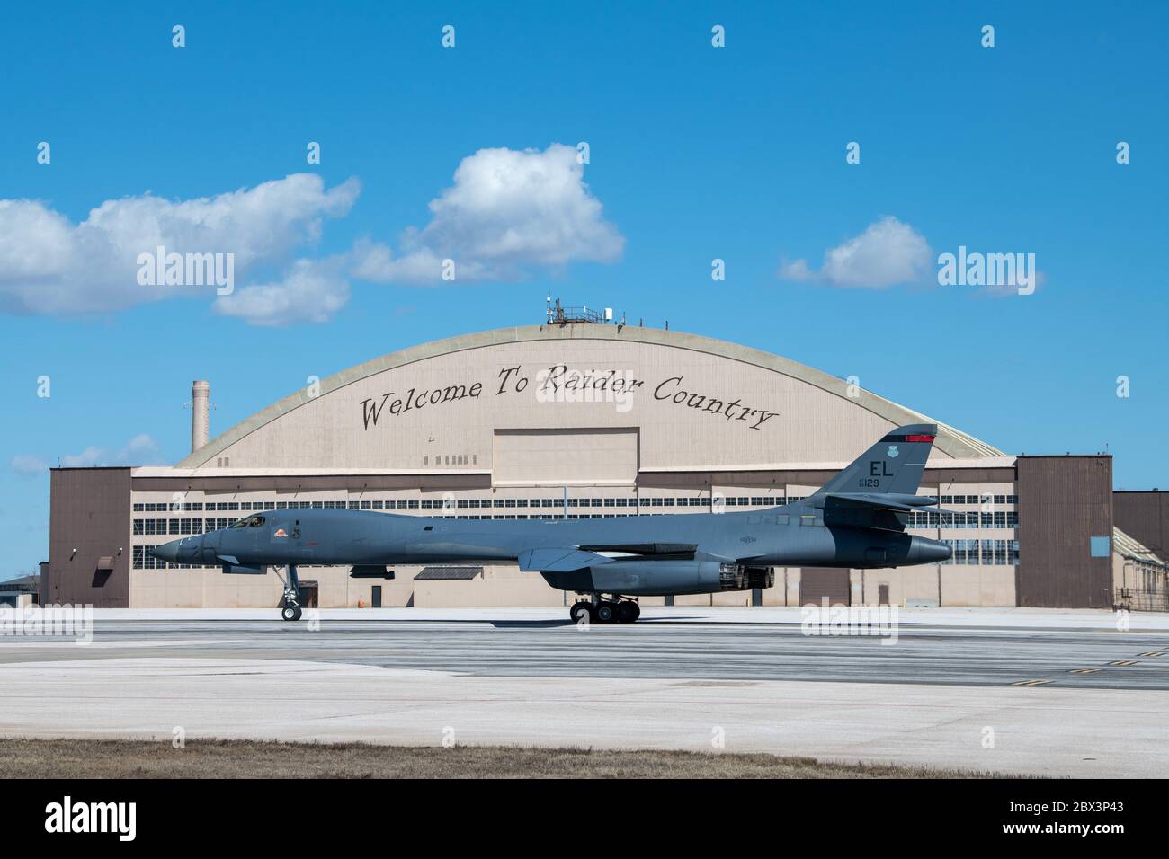 A U.S. Air Force B-1B Lancer stealth bomber aircraft from the 28th Bomb Wing, taxis on the flight line at Ellsworth Air Force Base March 23, 2020 in Rapid City, South Dakota. Stock Photo