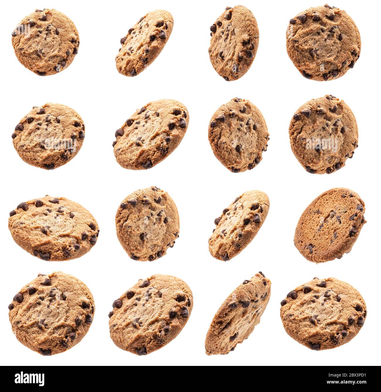 Collection of chocolate chip cookies on white background Stock Photo