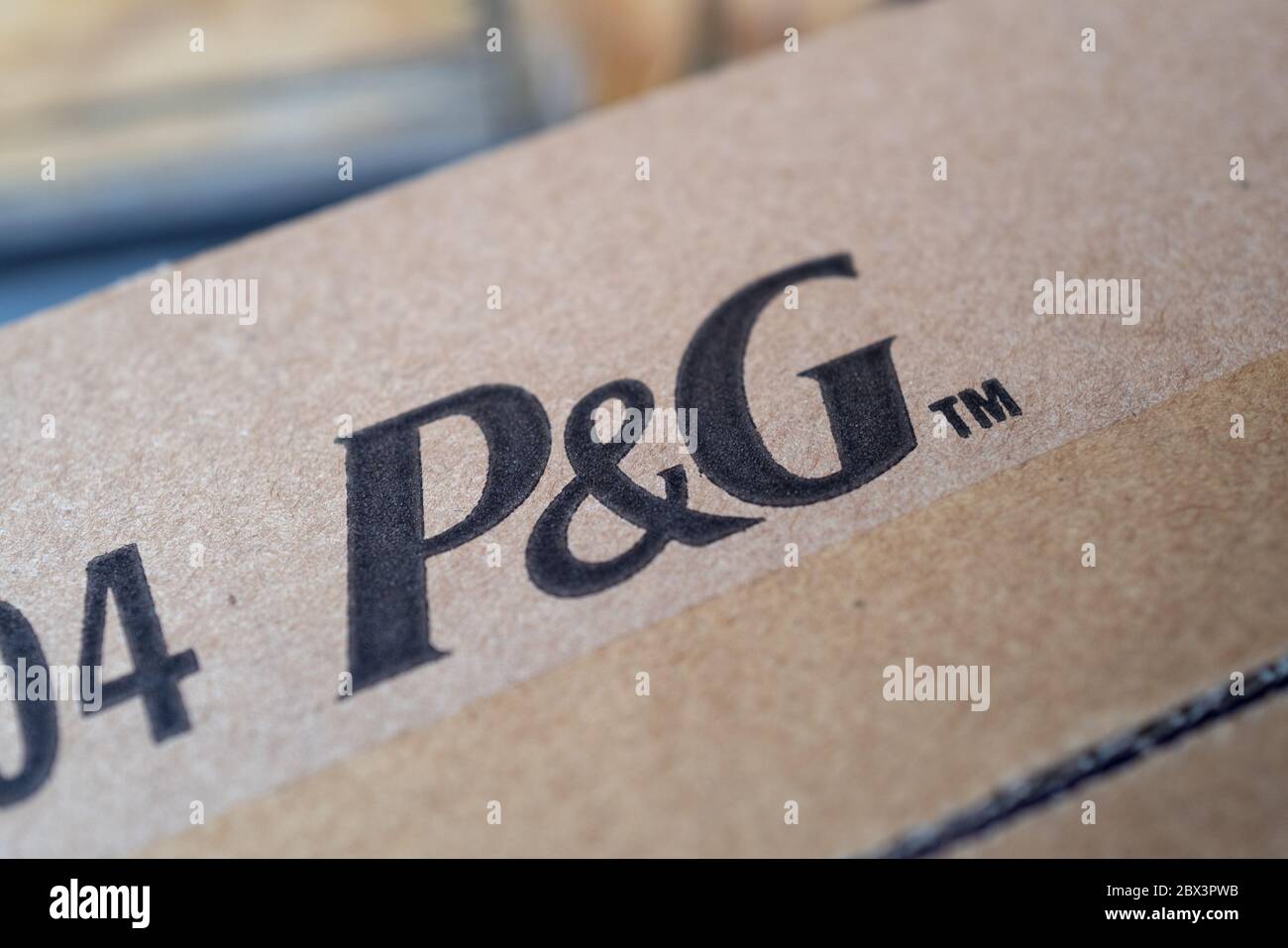 Close-up of logo for conglomerate Procter and Gamble (PG) on box, San Ramon, California, May 15, 2020. () Stock Photo
