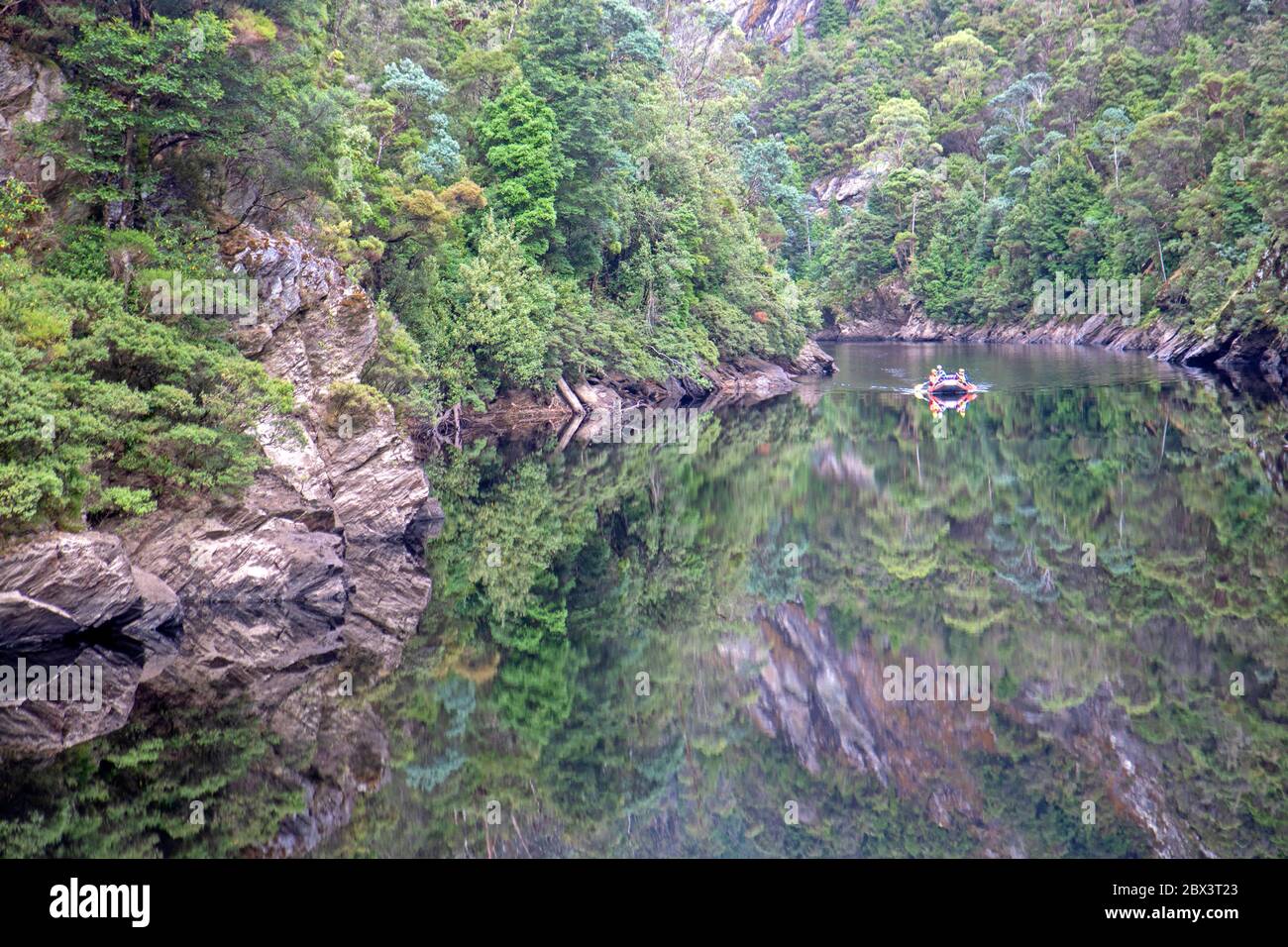 Raft at Serenity Reach inside the Great Ravine on the Franklin River Stock Photo