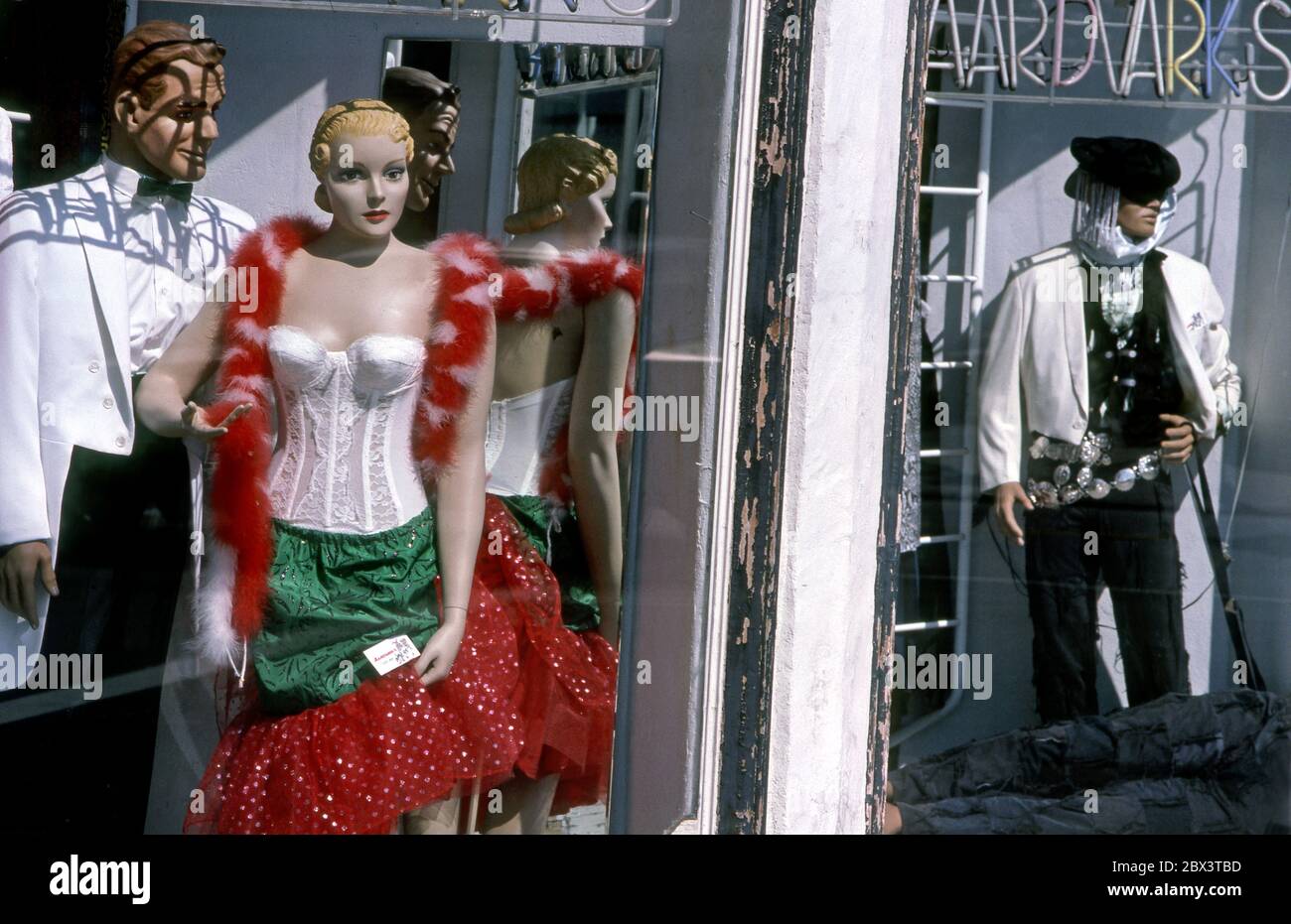 Display in storefront window at Aardvark's vintage clothing shop on Melrose Avenue in the West Hollywood neighborhood of Los Angeles circa 1980s. Stock Photo