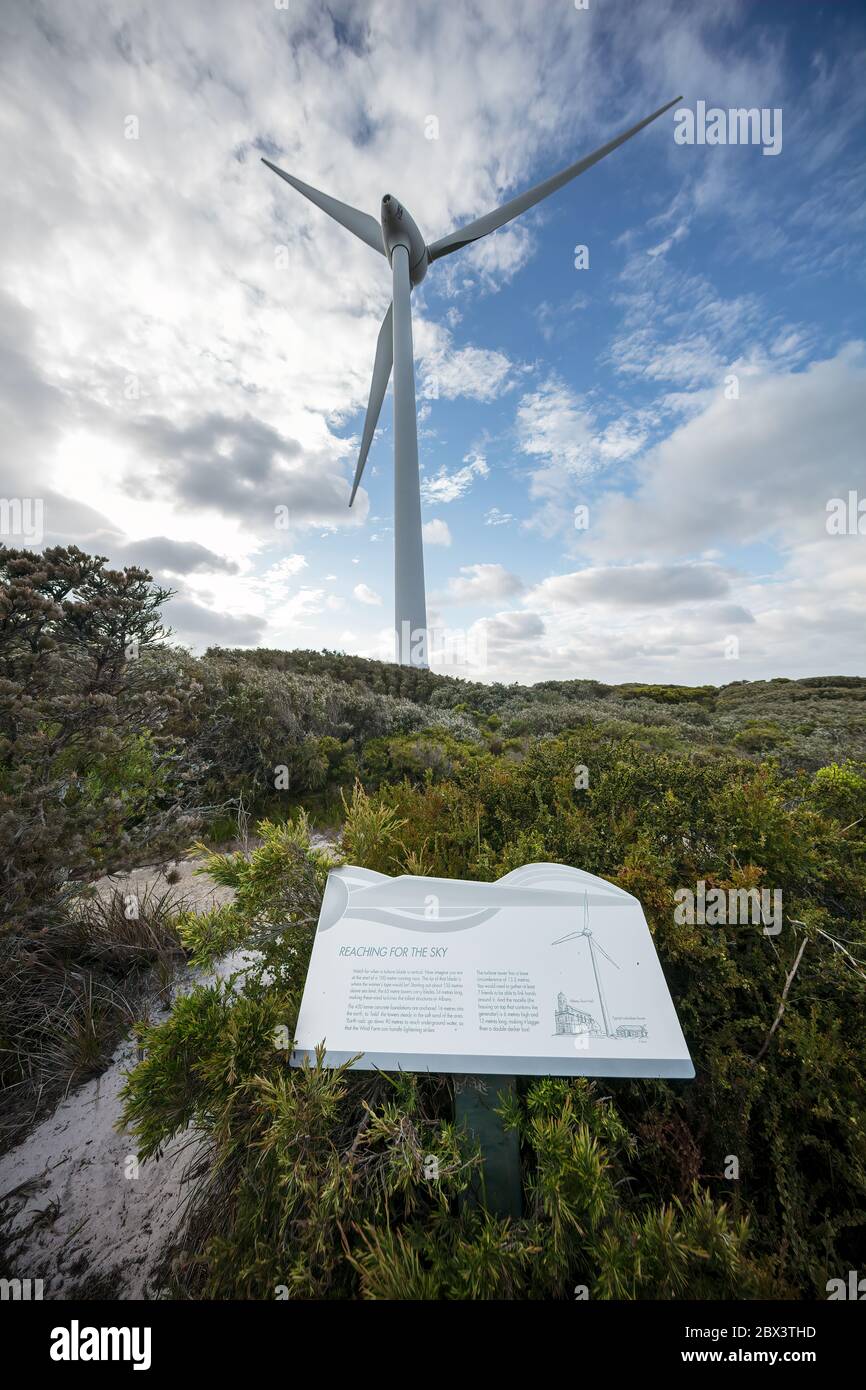 Albany Western Australia November 11th 2019 : Signage detailing the impressive engineering that goes into the wind turbines at Albany wind farm in Wes Stock Photo