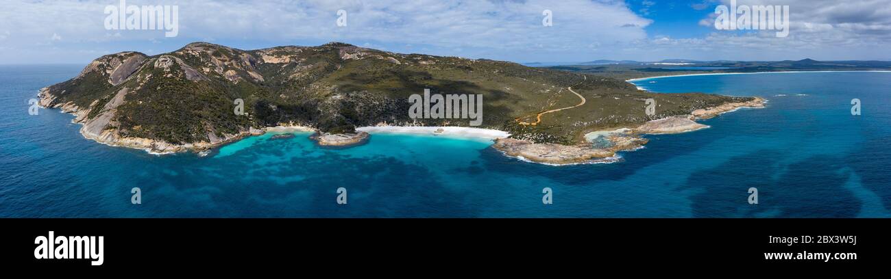 Aerial panoramic view of Little Beach and the smaller Waterfall Beach in Western Australia Stock Photo