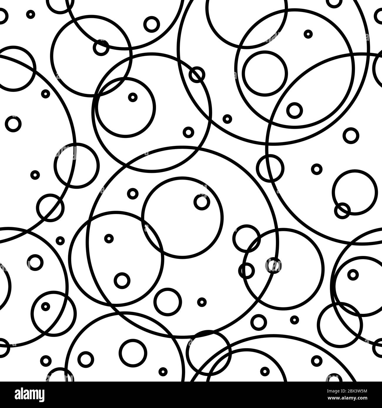 Seamless abstract pattern with black empty overlapping circles of different size. Bubbles and bulbs. White background. Vector. Calm classic design for Stock Vector