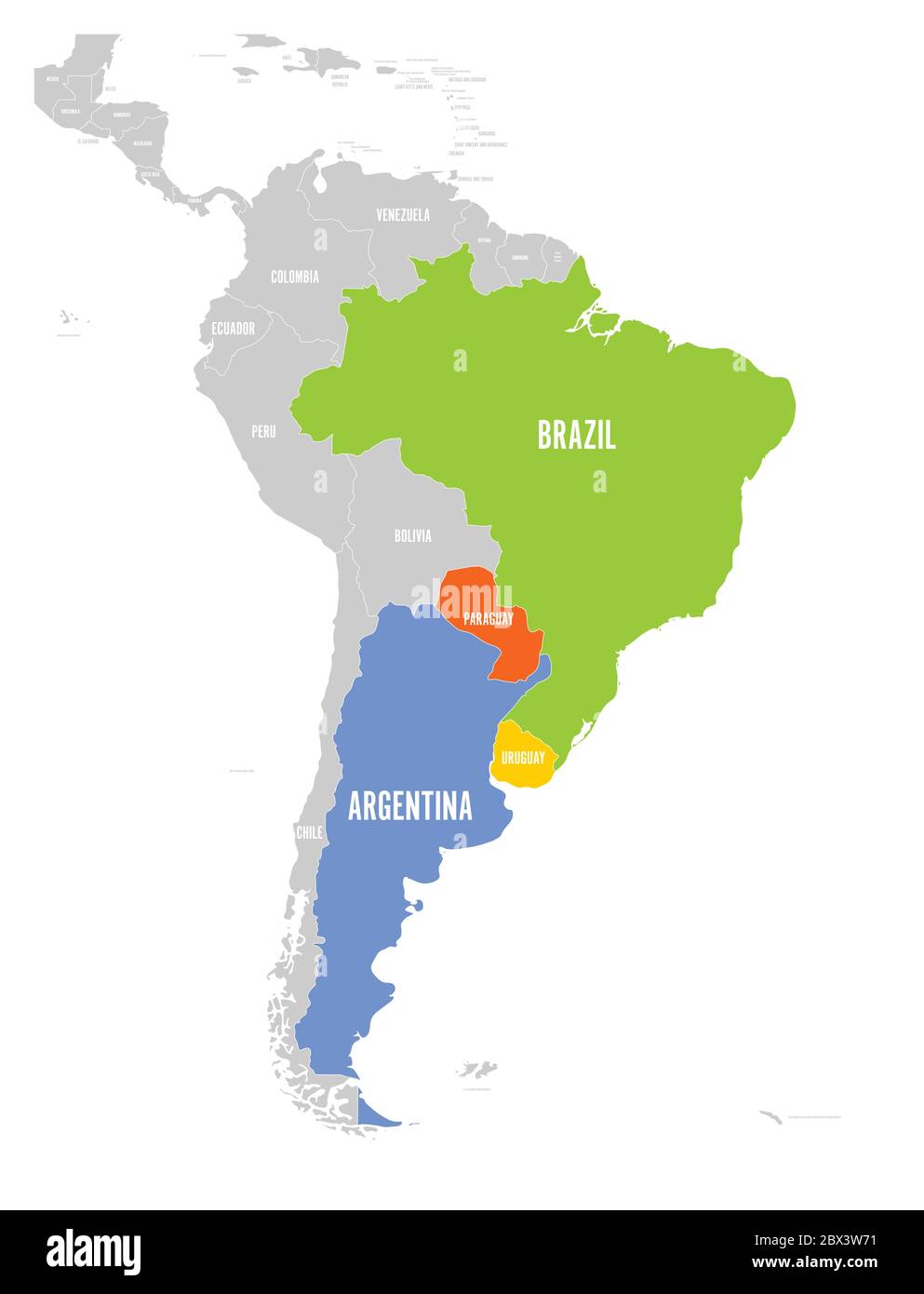 Map of MERCOSUR countires. South american trade association. Highlighted member states Brazil, Paraguay, Uruguay and Argetina. Since December 2016. Stock Vector