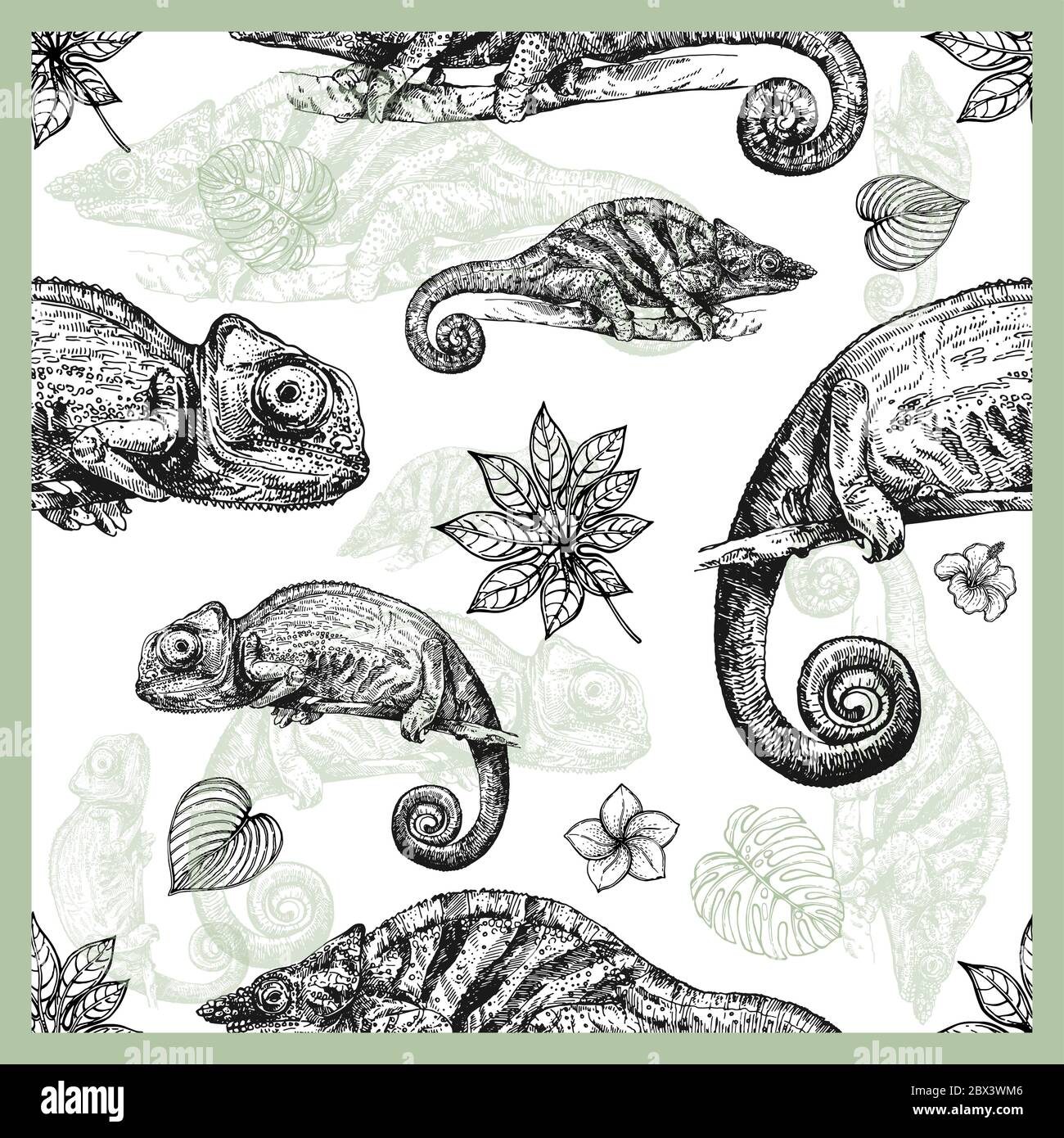 Seamless pattern of hand drawn sketch style chameleons and plants isolated on white background. Vector illustration. Stock Vector