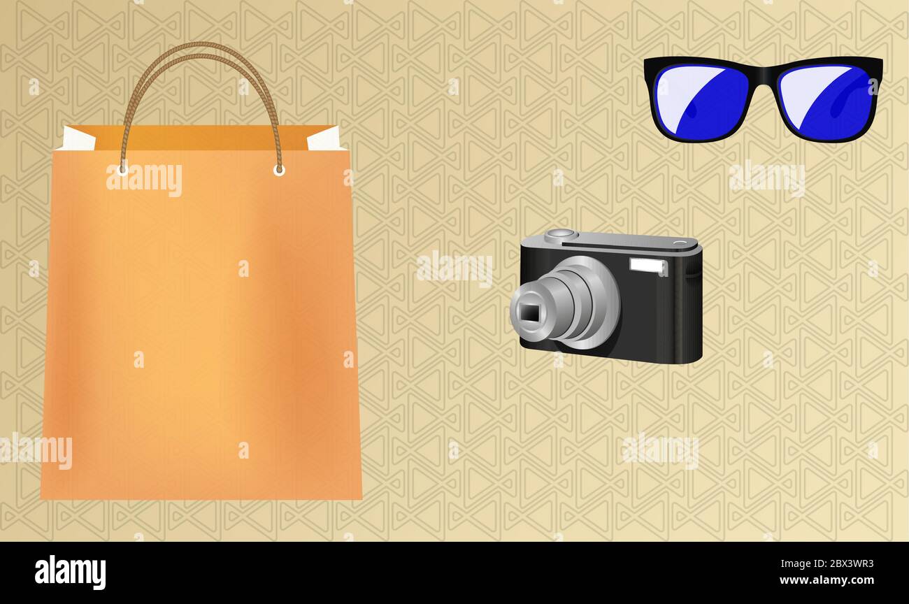 mock up illustration of camera and eye wear with a shopping bag Stock Vector