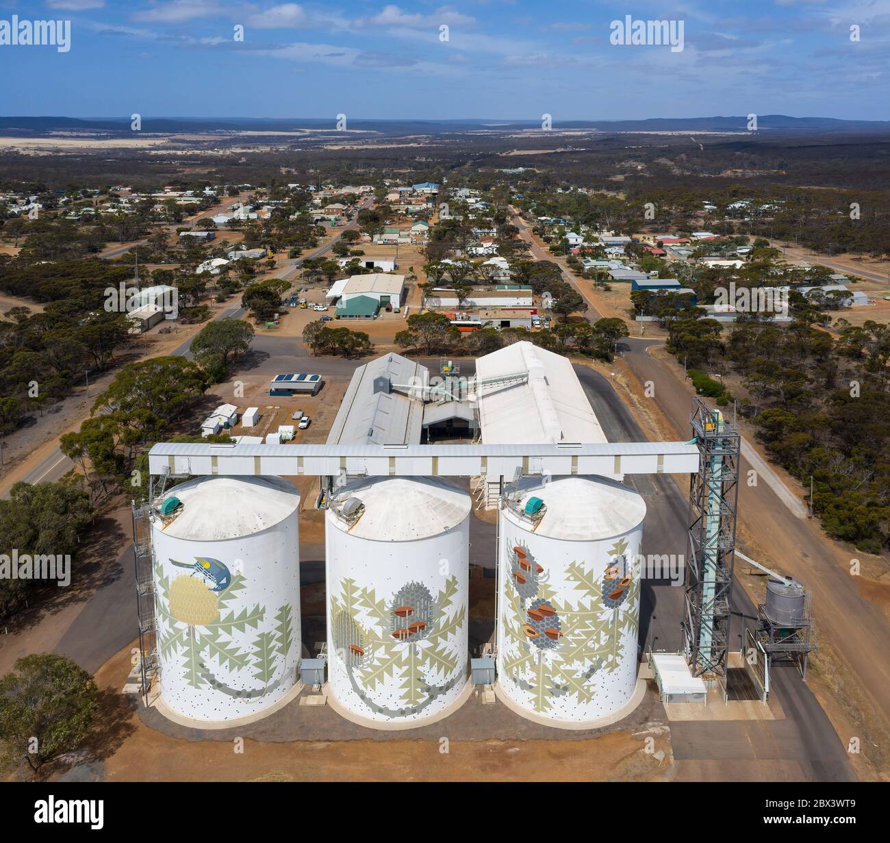 Ravensthorpe Western Australia Noveber 11th 2019 : Aerial view of the grain silos and town of Ravensthorpe on the South Coast Highway, Western Austral Stock Photo