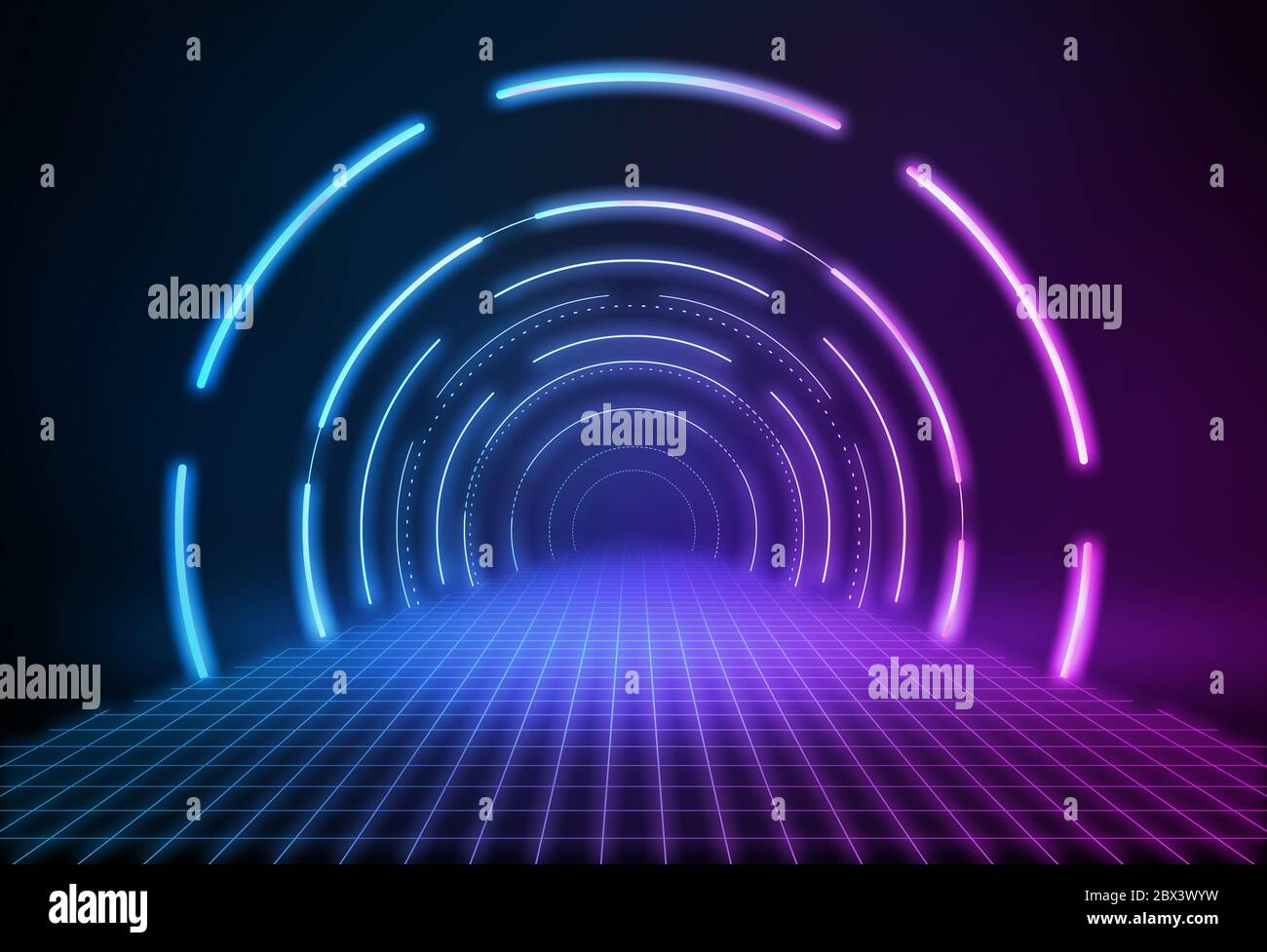 Color tunnel channel space constructed by glowing neon light lines. Stock Photo