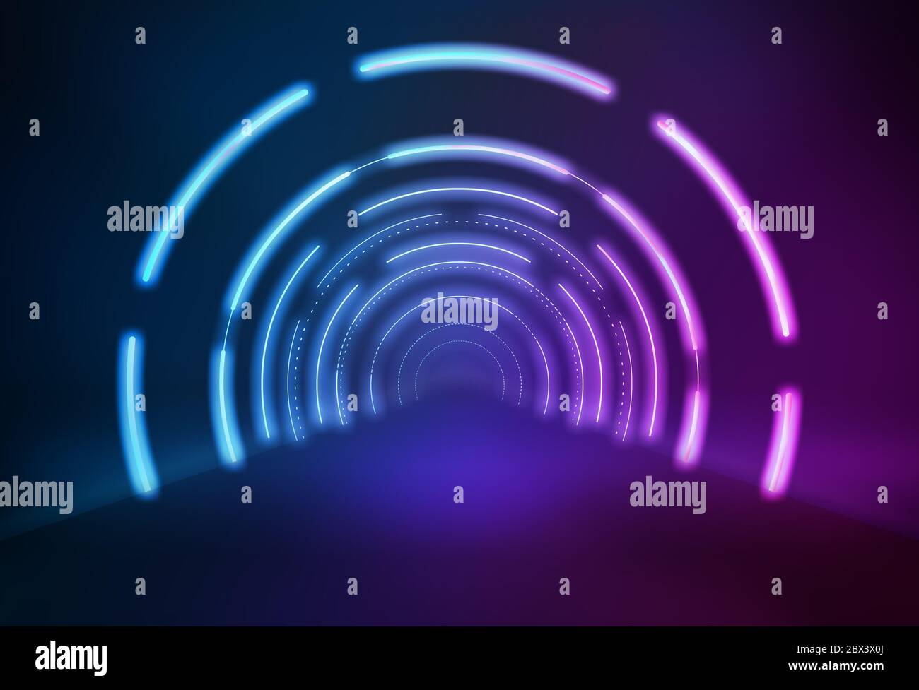 Color tunnel channel space constructed by glowing neon light lines. Stock Photo