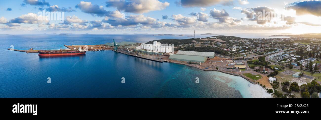 Esperance Western Australia November 11th 2019 : Aerial panoramic view of the industrial port of Esperance at sunset Stock Photo