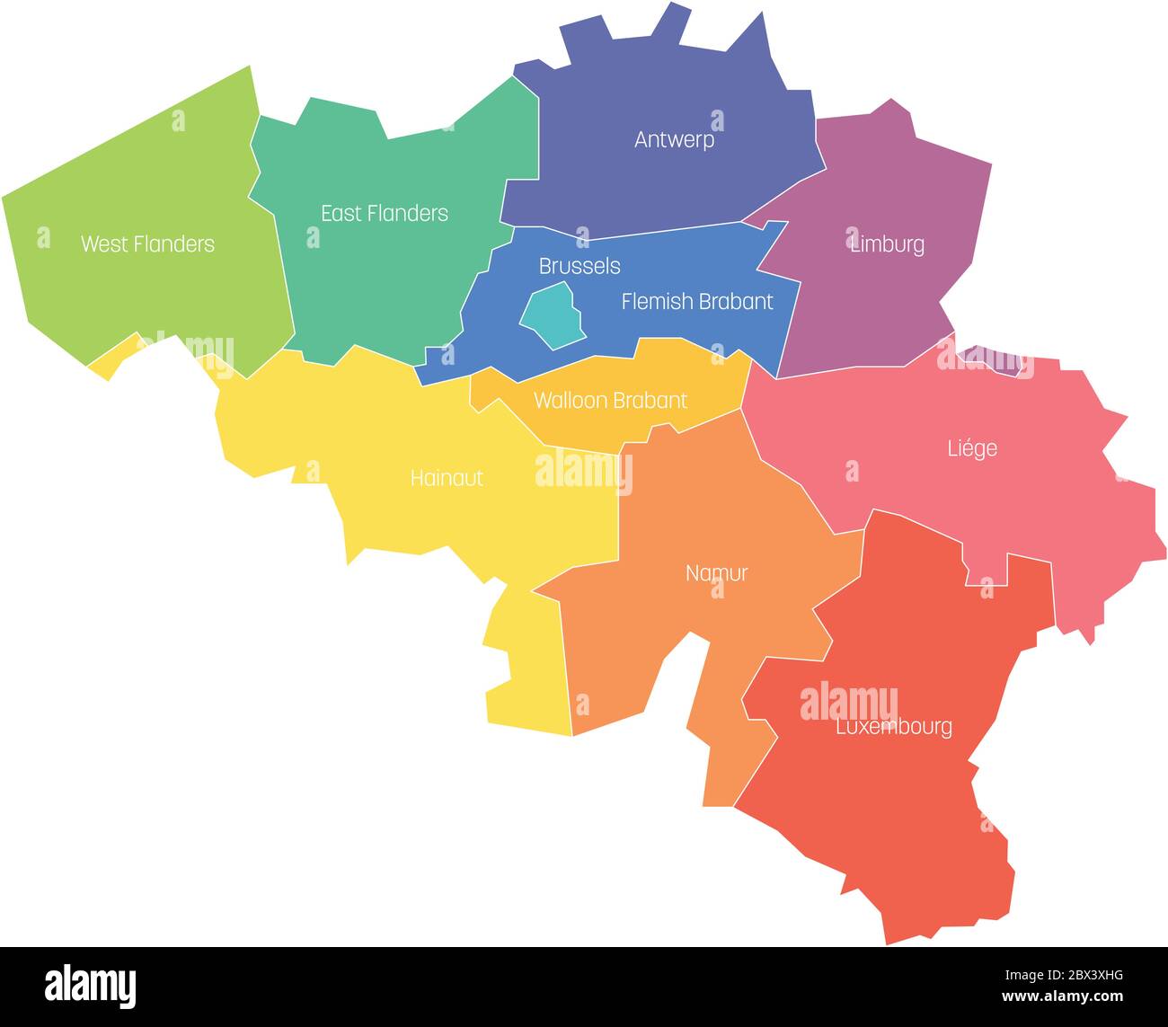 Provinces of Belgium. Map of regional country administrative divisions. Colorful vector illustration. Stock Vector