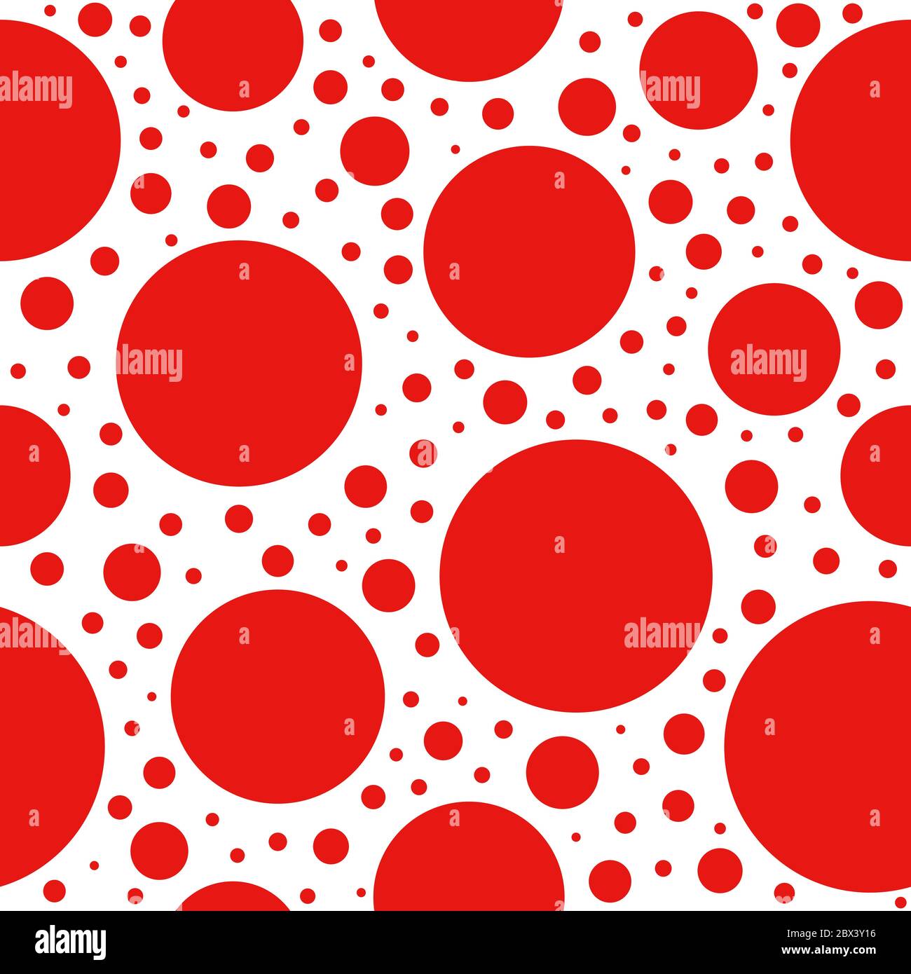 Seamless abstract pattern with big red circles and dots on white