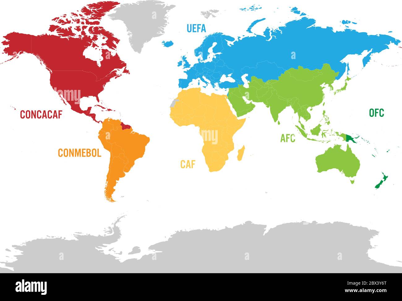 Map of world football, or soccer, confederations - CONMEBOL, CONCACAF, CAF, UEFA AFC and OFC Stock Vector