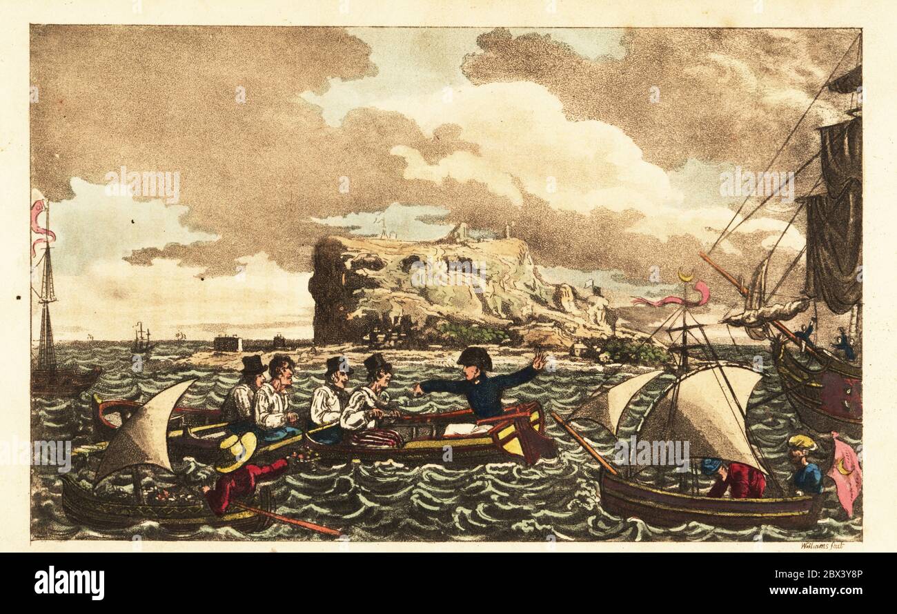 Midshipman Newcome transferred by rowboat to the HMS Vanguard near Gibraltar. Johnny in disgrace sent to another ship. Handcoloured copperplate engraving after an illustration by Charles Williams from John Mitford’s Adventures of Johnny Newcome in the Navy, London, 1819. Stock Photo