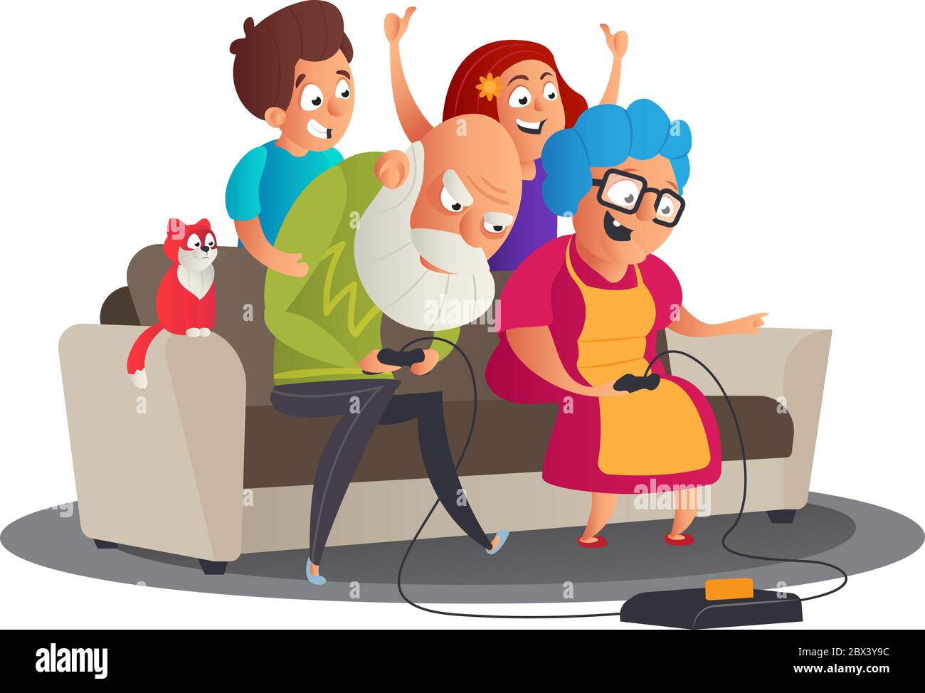 Cute happy Family portrait with Happy grandparents and grandchildren playing video game console on sofa together. Grandparents' Day vector cartoon ill Stock Vector