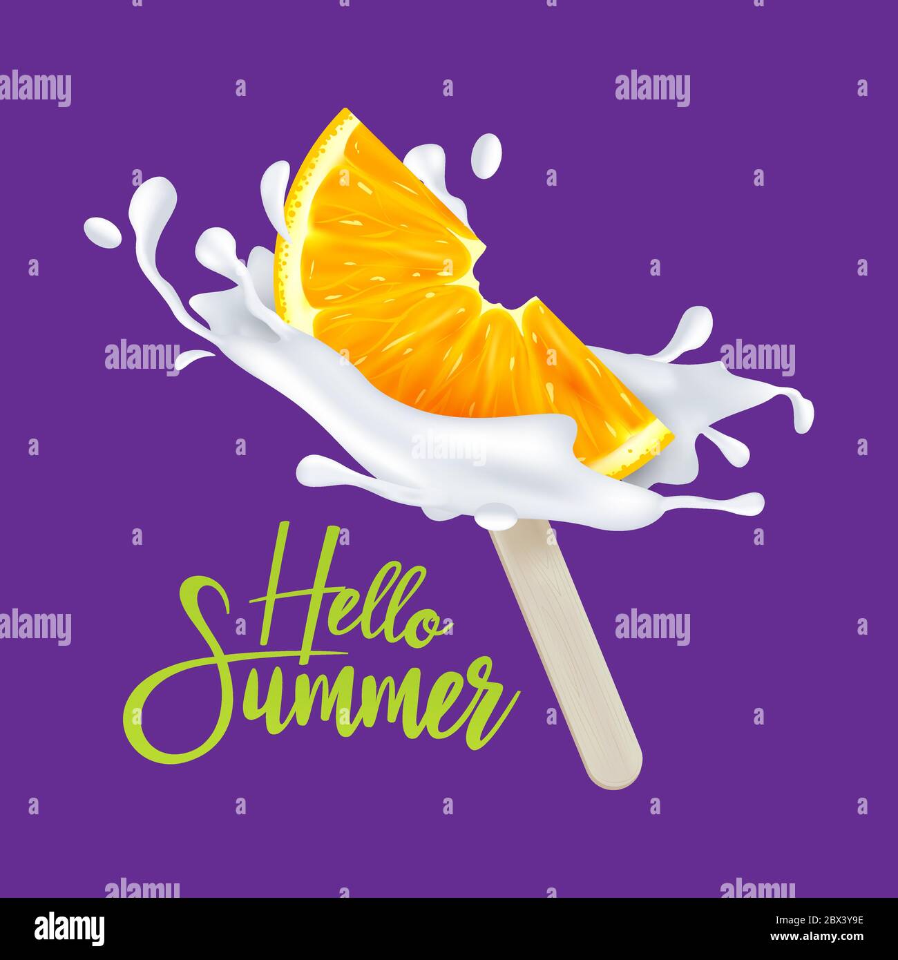 Slice of orange fruit ice cream on a stick with milk or yogurt drops. Vector illustration. Can be used for T-Shirt print design, web, poster, banner, Stock Vector