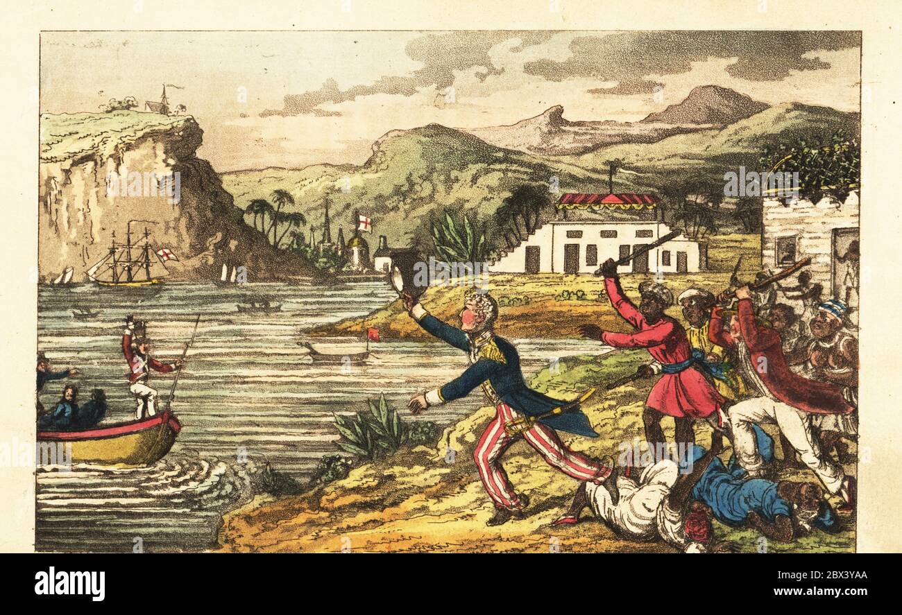 English Navy officer fleeing from an angry Massa planter and Quashee enslaved men barndishing cudgels in Jamaica. Captain Newcome waves his bicorn at a rowboat in the bay. Johnny in the West Indies pursued by a black squadron. Handcoloured copperplate engraving after an illustration by Charles Williams from John Mitford’s Adventures of Johnny Newcome in the Navy, London, 1819. Stock Photo