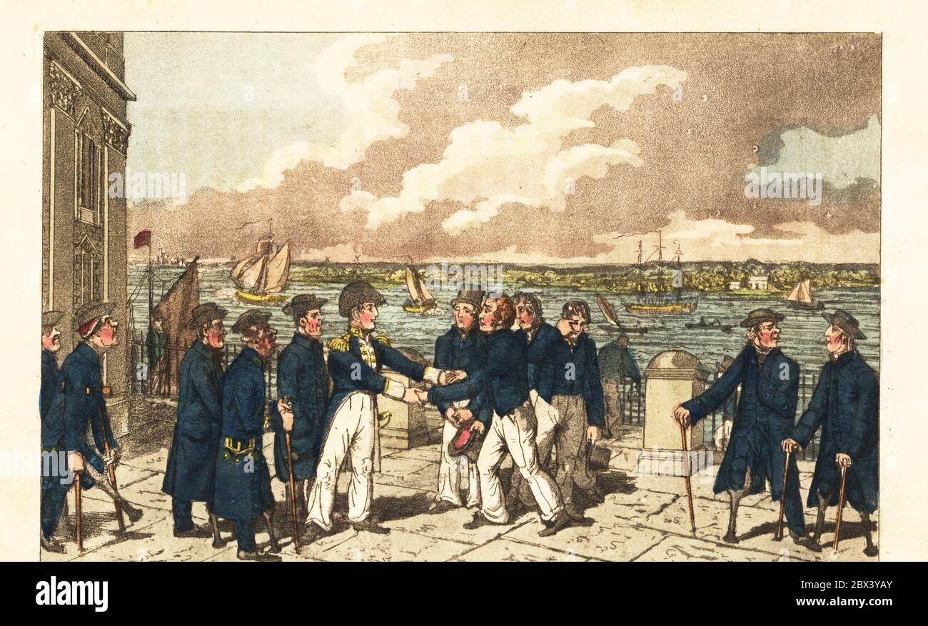 Captain Johnny Newcome saying goodbye to old crew members and veterans at Greenwich Hospital. Midshipmen in uniforms, peg-legged veterans with walking sticks. In the background, ships sail up the River Thames. John's visit to Greenwich Hospital and taking leave of the Navy. Handcoloured copperplate engraving after an illustration by Charles Williams from John Mitford’s Adventures of Johnny Newcome in the Navy, London, 1819. Stock Photo