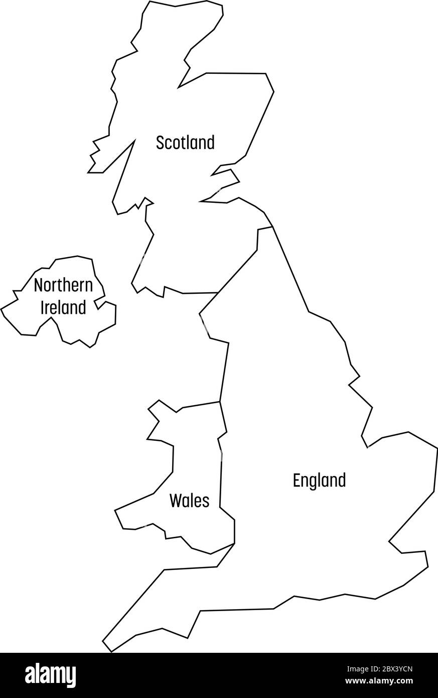 Map of United Kingdom countries - England, Wales, Scotland and Northern Ireland. Simple flat vector outline map with labels. Stock Vector