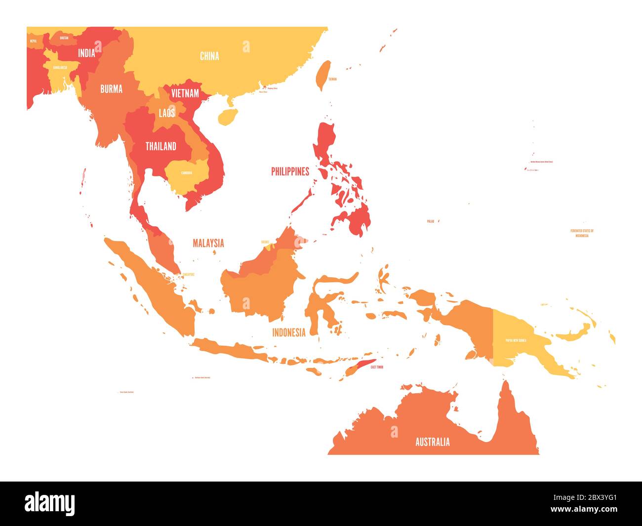 Map of Southeast Asia. Vector map in shades of orange. Stock Vector