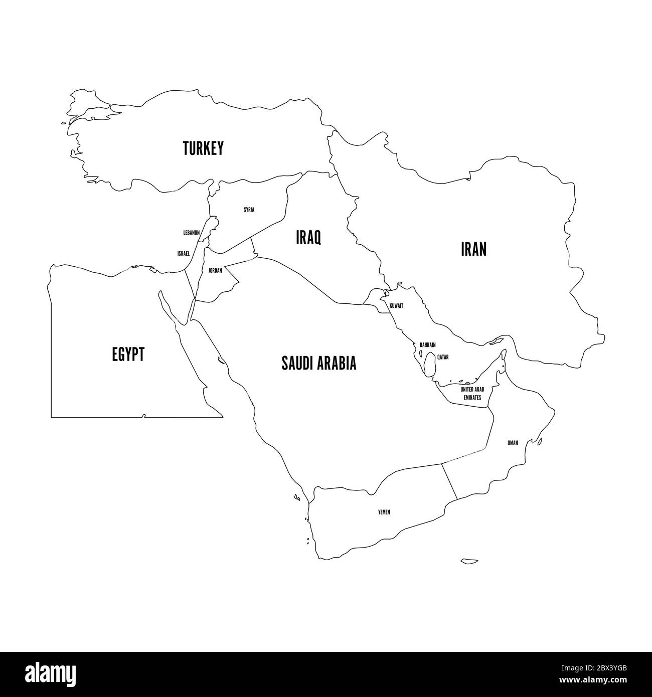 Political map of Middle East, or Near East. Simple flat outline vector ilustration. Stock Vector