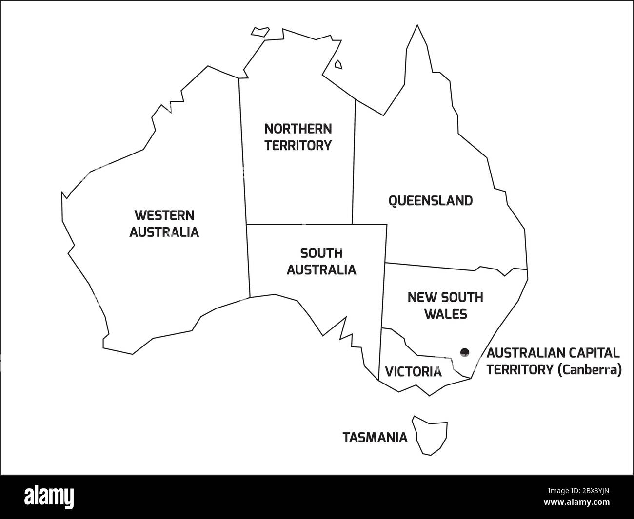 Simplified map of Australia divided into states and territories. Black outline map with labels. Stock Vector